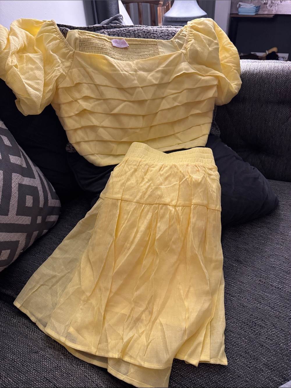 Sunshine Yellow Puff-Sleeve Mini Skirt & Crop Top